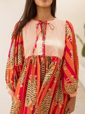 Bohemian Striped & Tiger Print Midi Dress in Orange and Pink